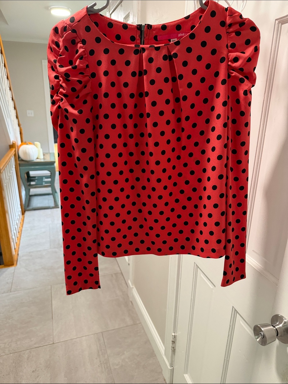 Pinky Red Long-Sleeve Polka Dot Top with Puff Shoulders